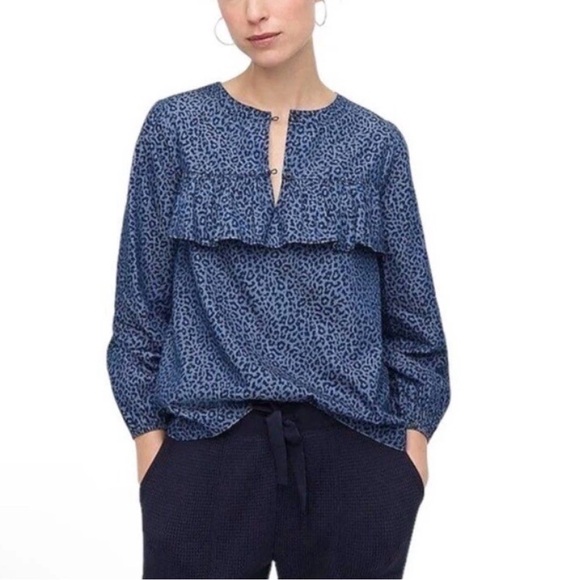 J. Crew Dark Blue Women’s Sz Small Ruffle Front Blouse Leopard Chambray Preppy - Picture 2 of 8